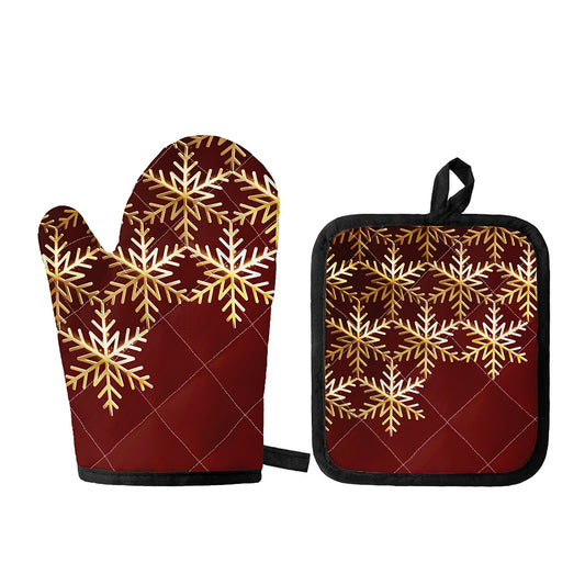 Golden Snowflake Print Oven Mitt And Pot Holder Set