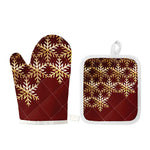 Golden Snowflake Print Oven Mitt And Pot Holder Set