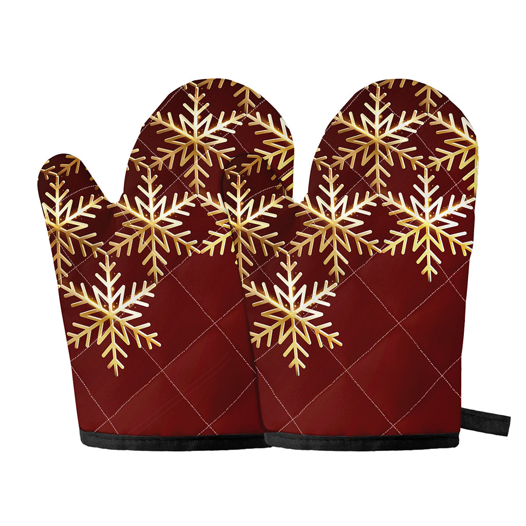 Golden Snowflake Print Oven Mitts