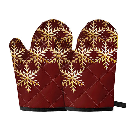 Golden Snowflake Print Oven Mitts