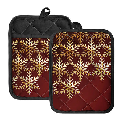 Golden Snowflake Print Pot Holders With Pocket