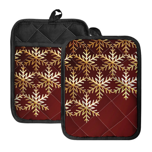 Golden Snowflake Print Pot Holders With Pocket