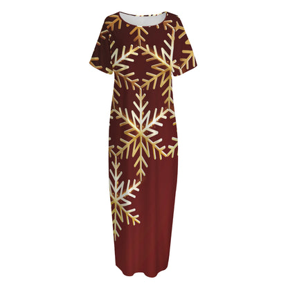 Golden Snowflake Print Short Sleeve Long Nightdress