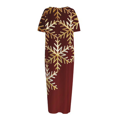 Golden Snowflake Print Short Sleeve Long Nightdress