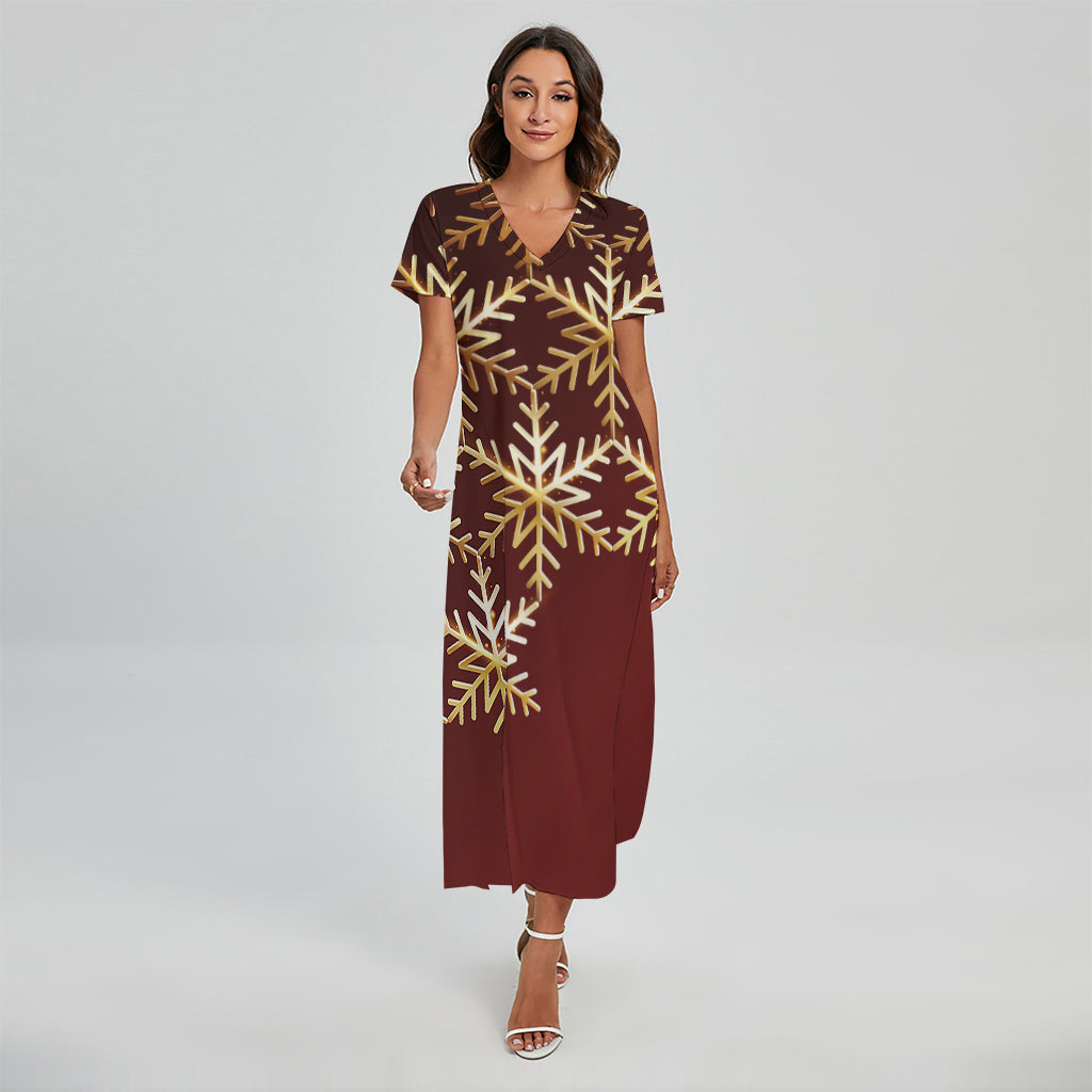 Golden Snowflake Print Short Sleeve Maxi Dress