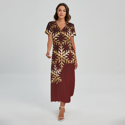 Golden Snowflake Print Short Sleeve Maxi Dress