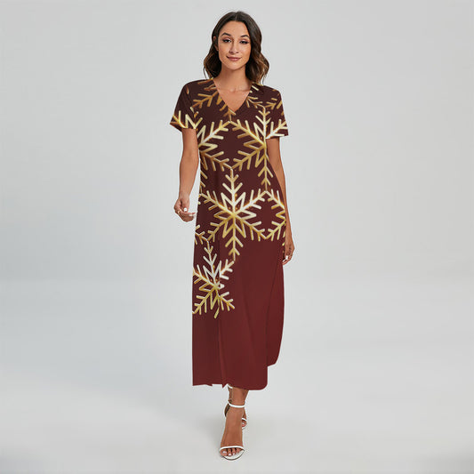 Golden Snowflake Print Short Sleeve Maxi Dress