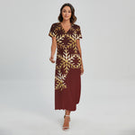 Golden Snowflake Print Short Sleeve Maxi Dress