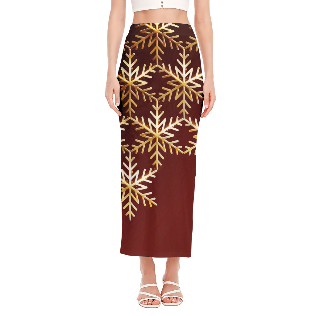 Golden Snowflake Print Side Slit Maxi Skirt