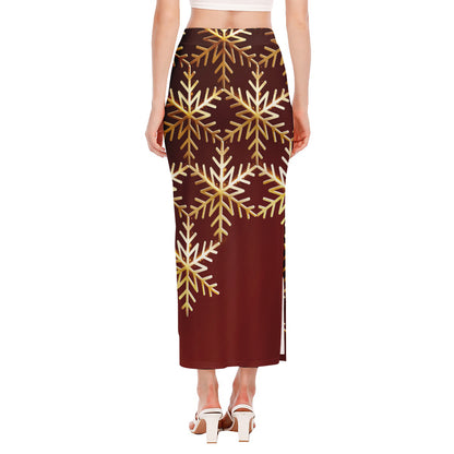 Golden Snowflake Print Side Slit Maxi Skirt