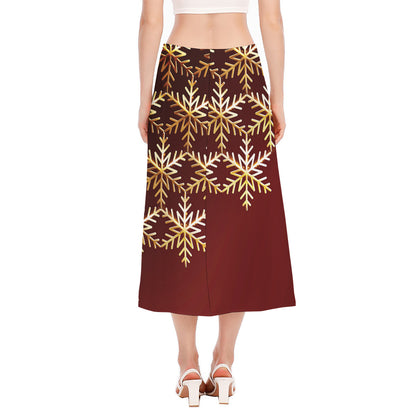 Golden Snowflake Print Side Slit Midi Skirt