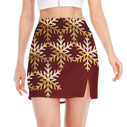 Golden Snowflake Print Side Slit Mini Skirt