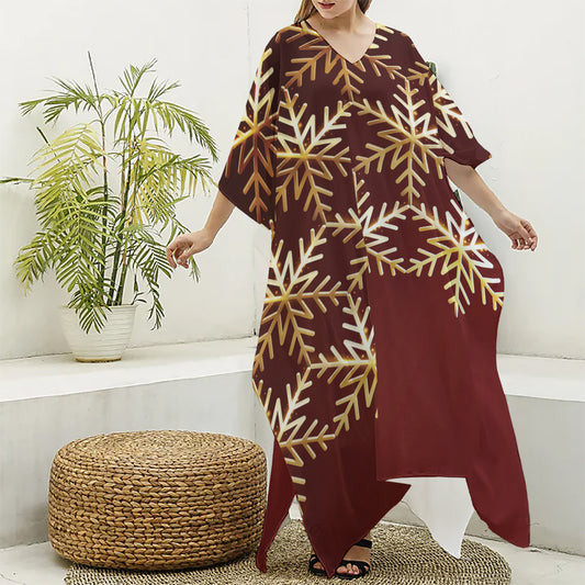 Golden Snowflake Print Silk V-Neck Kaftan Dress