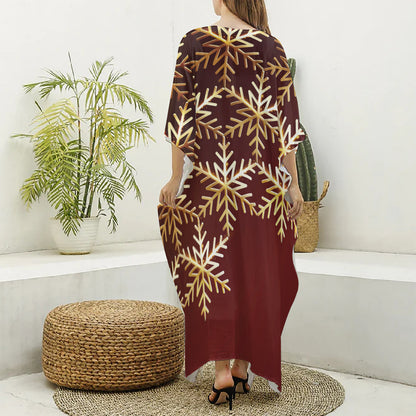 Golden Snowflake Print Silk V-Neck Kaftan Dress