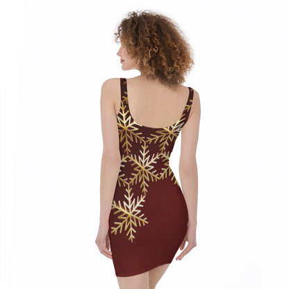 Golden Snowflake Print Sleeveless Bodycon Dress
