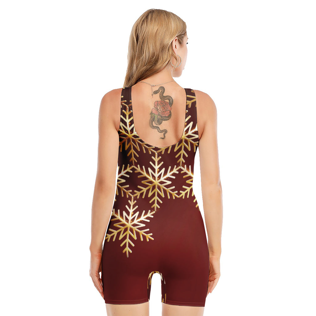 Golden Snowflake Print Sleeveless One Piece Swimsuit