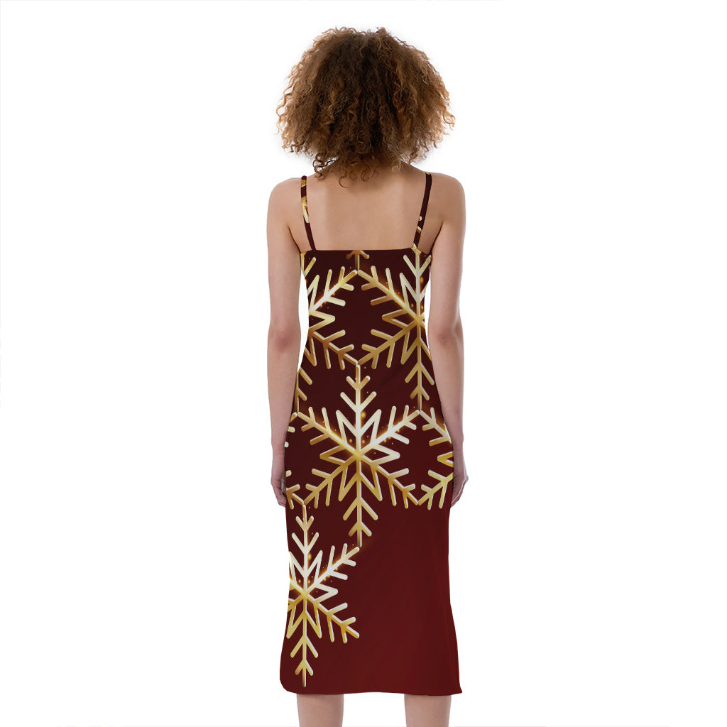Golden Snowflake Print Slim Fit Midi Cami Dress