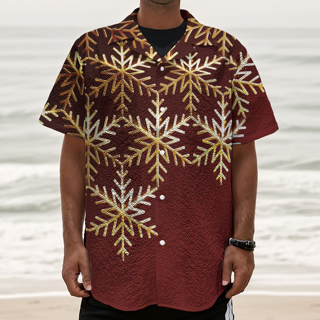 Golden Snowflake Print Textured Short Sleeve Shirt