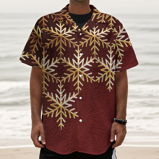 Golden Snowflake Print Textured Short Sleeve Shirt