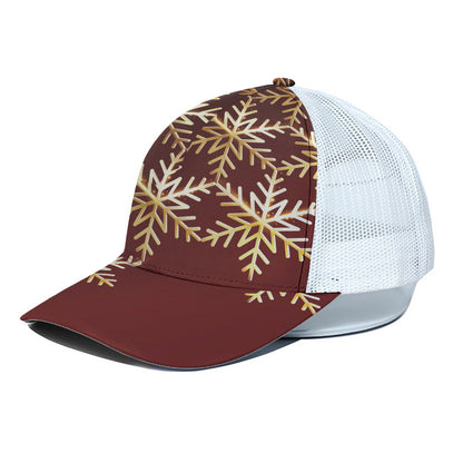 Golden Snowflake Print White Mesh Trucker Cap