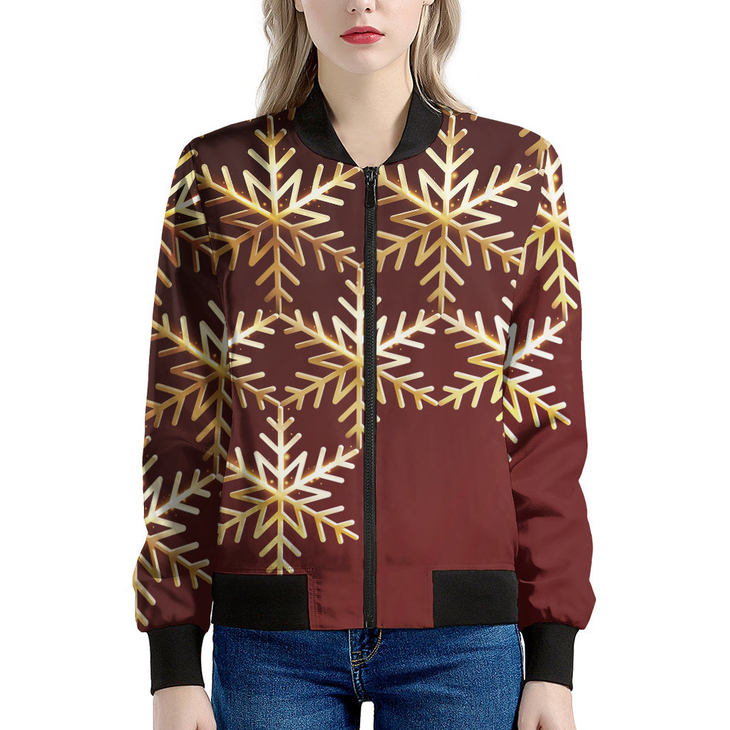Golden Snowflake Print Women's Bomber Jacket