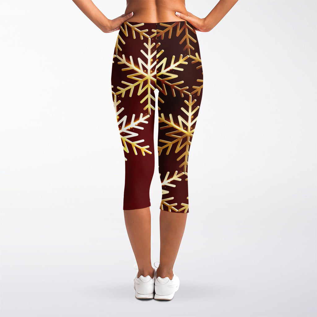 Golden Snowflake Print Women's Capri Leggings