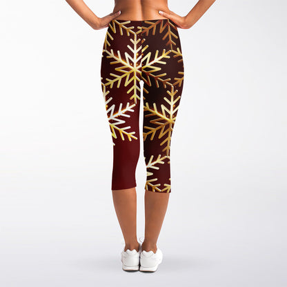 Golden Snowflake Print Women's Capri Leggings