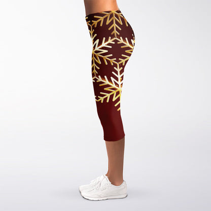Golden Snowflake Print Women's Capri Leggings