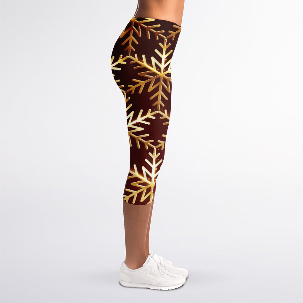 Golden Snowflake Print Women's Capri Leggings