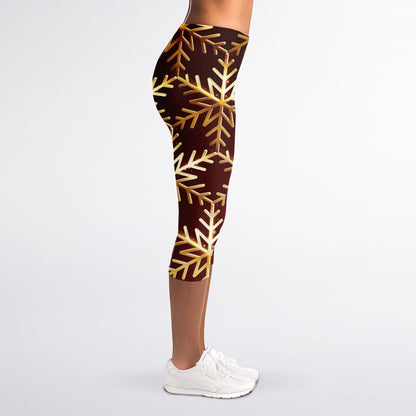 Golden Snowflake Print Women's Capri Leggings