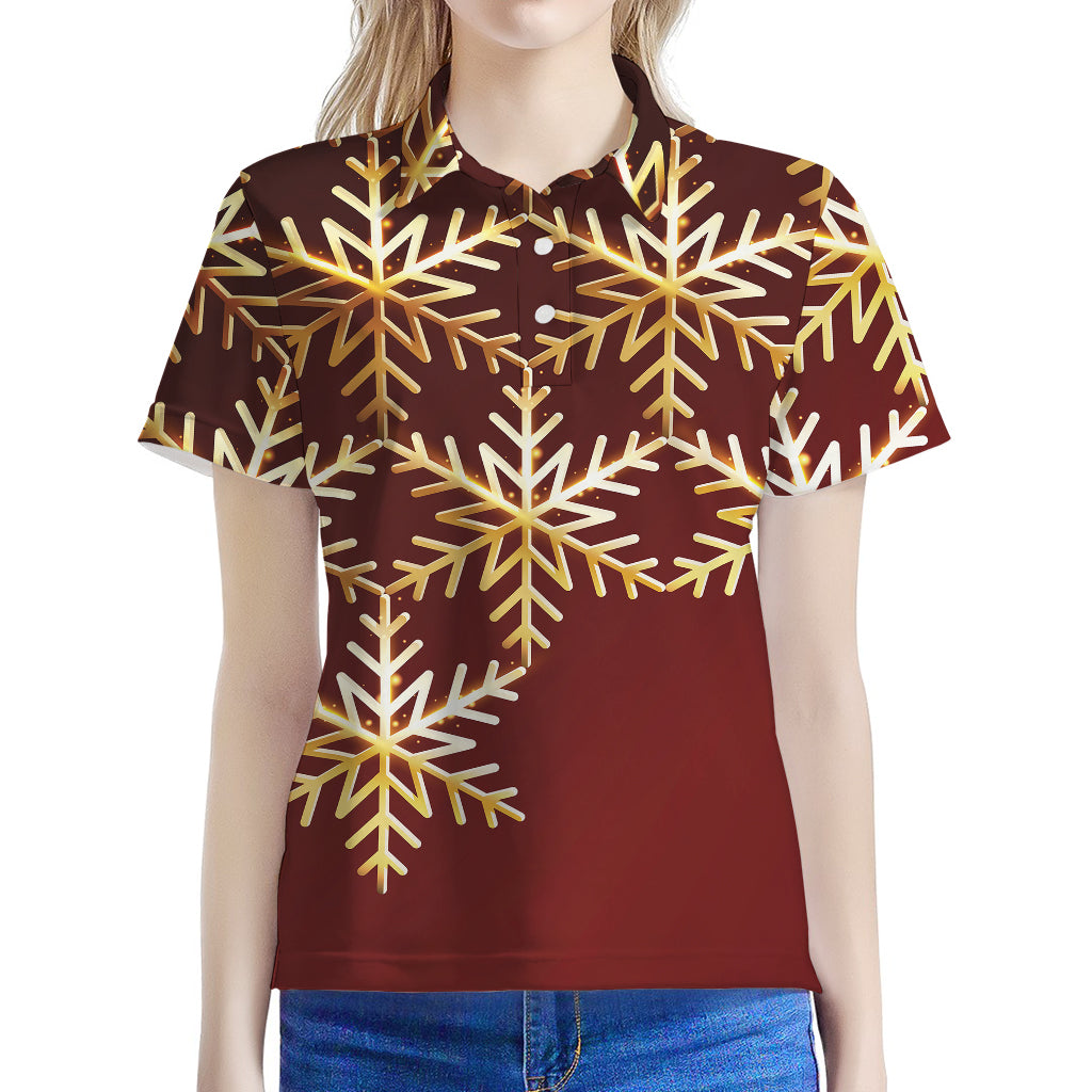 Golden Snowflake Print Women's Polo Shirt