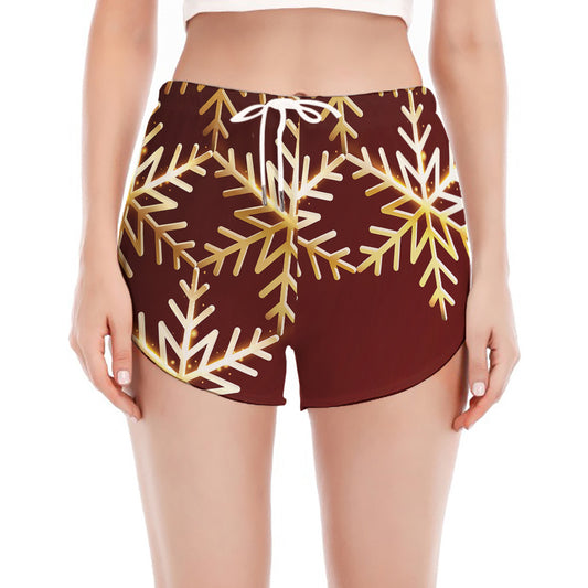 Golden Snowflake Print Women's Split Running Shorts