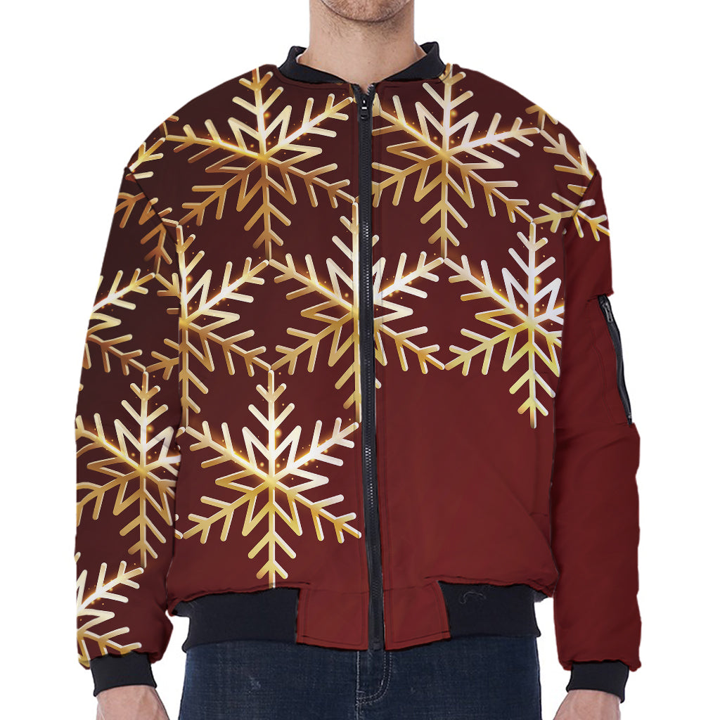 Golden Snowflake Print Zip Sleeve Bomber Jacket