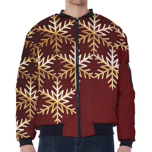 Golden Snowflake Print Zip Sleeve Bomber Jacket