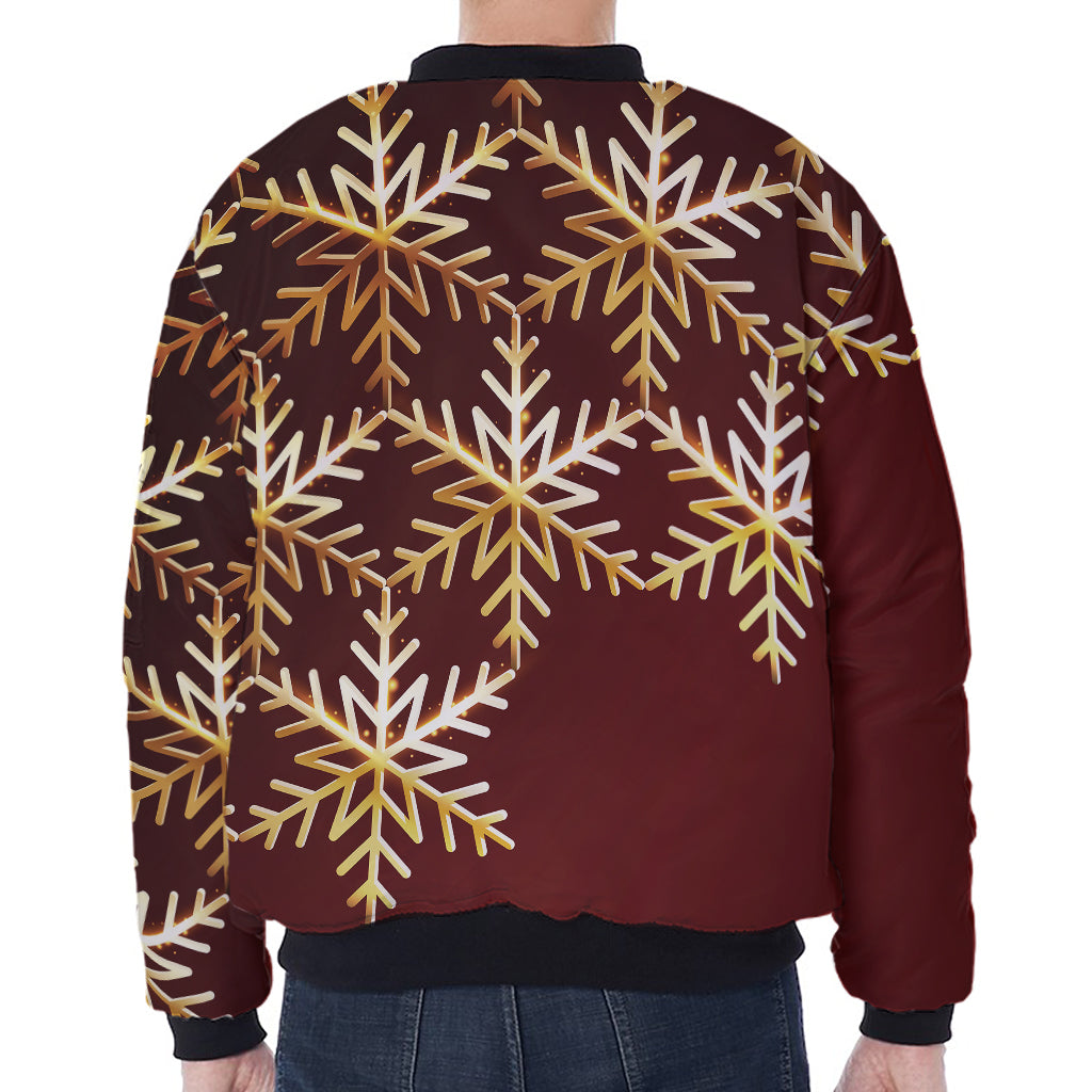 Golden Snowflake Print Zip Sleeve Bomber Jacket