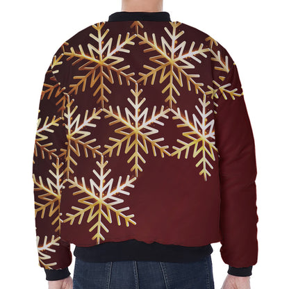 Golden Snowflake Print Zip Sleeve Bomber Jacket