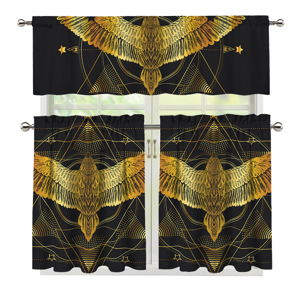 Golden Spiritual Bird Print 3 Piece Kitchen Curtains