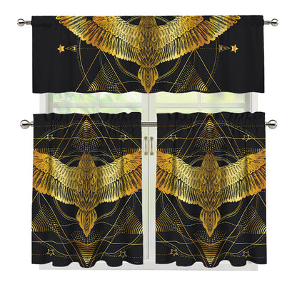 Golden Spiritual Bird Print 3 Piece Kitchen Curtains