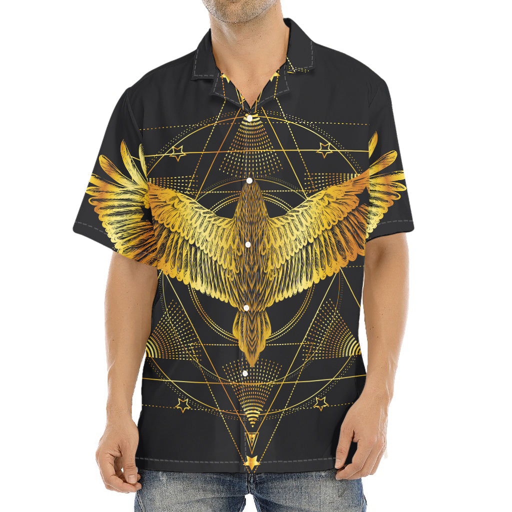 Golden Spiritual Bird Print Aloha Shirt