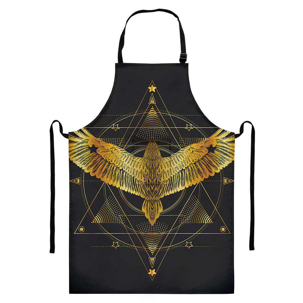 Golden Spiritual Bird Print Bib Apron With Pocket
