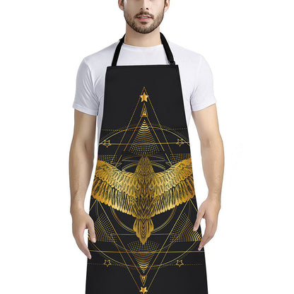 Golden Spiritual Bird Print Bib Apron With Pocket