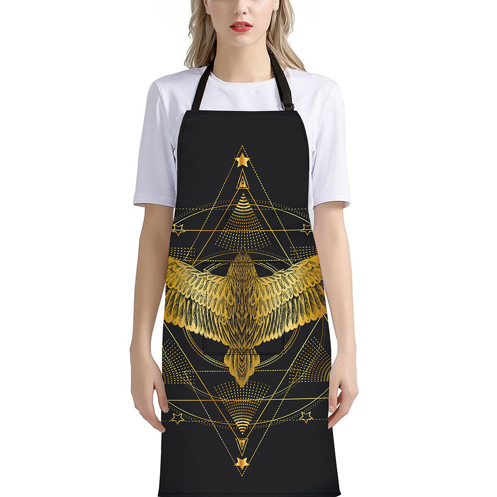 Golden Spiritual Bird Print Bib Apron With Pocket