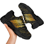 Golden Spiritual Bird Print Black Chunky Shoes