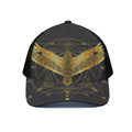 Golden Spiritual Bird Print Black Mesh Trucker Hat