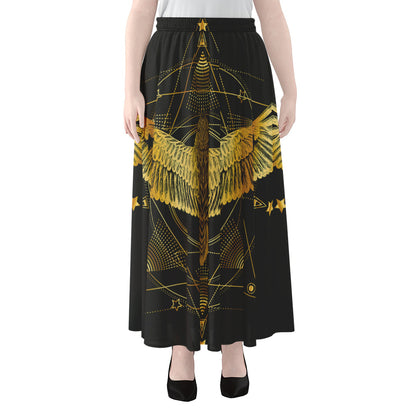 Golden Spiritual Bird Print Chiffon Maxi Skirt