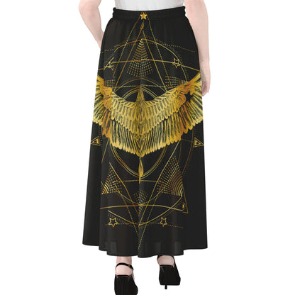 Golden Spiritual Bird Print Chiffon Maxi Skirt