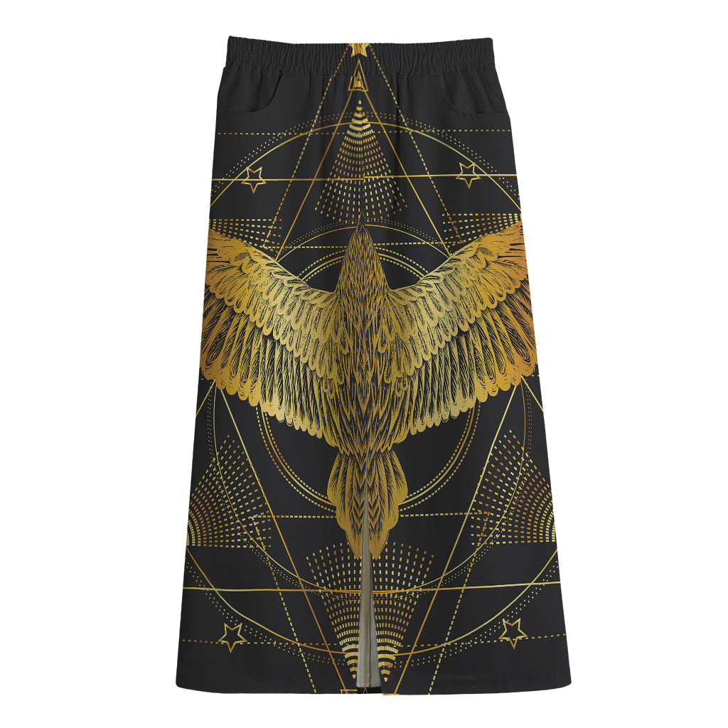 Golden Spiritual Bird Print Cotton Front Slit Maxi Skirt