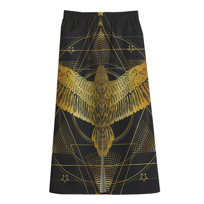 Golden Spiritual Bird Print Cotton Front Slit Maxi Skirt