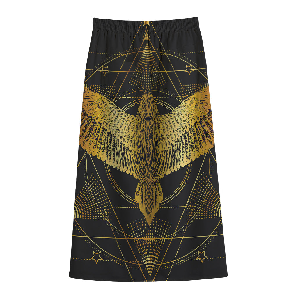 Golden Spiritual Bird Print Cotton Front Slit Maxi Skirt