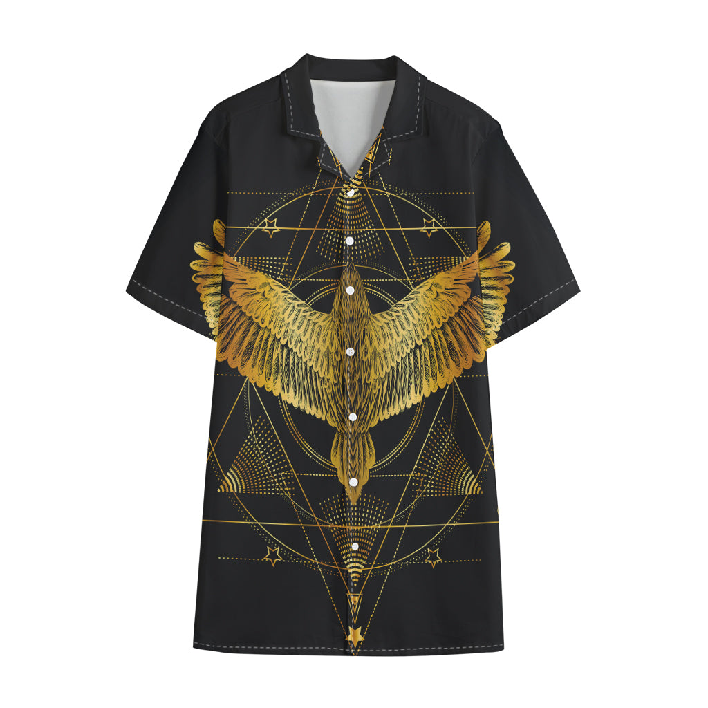 Golden Spiritual Bird Print Cotton Hawaiian Shirt